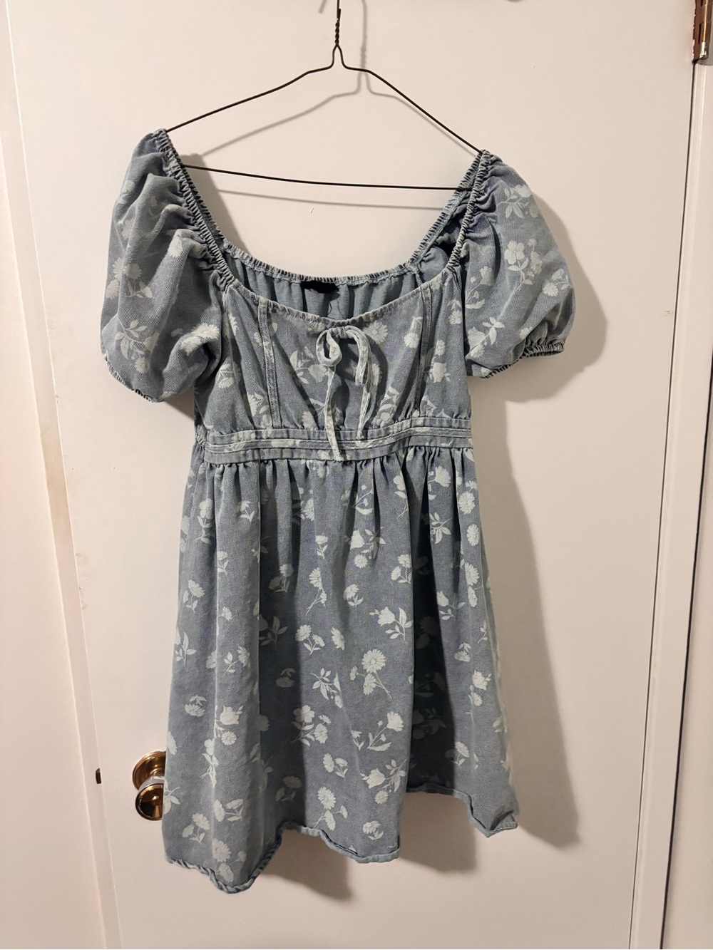 Denim Floral Puff Sleeve Casual Dress